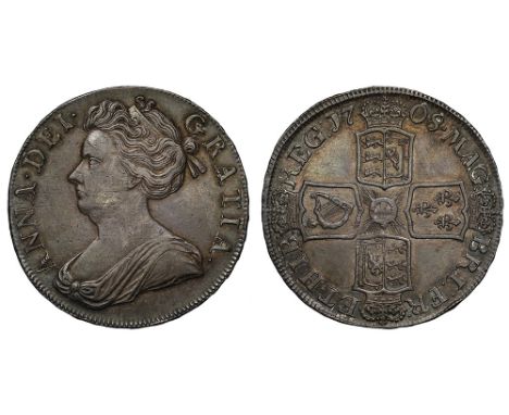 Anne (1702-14), silver Post-Union Crown, 1708, second draped bust left, Latin legend and toothed border surrounding, ANNA.DEI