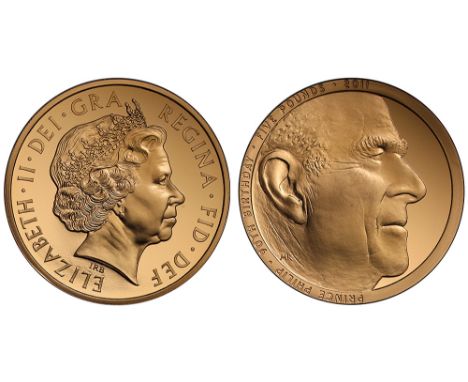 Elizabeth II (1952-), gold Proof Five Pounds, 2011, to commemorate the 90th Birthday of Prince Philip, fourth crowned head ri