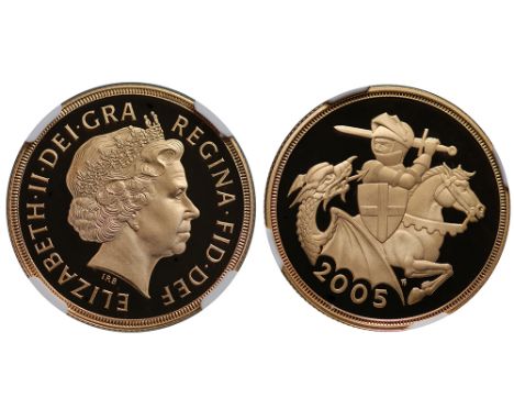 Elizabeth II (1952-), gold Proof Two-Pounds, 2005, crowned head right, IRB initials below for designer Ian Rank-Broadley, Lat