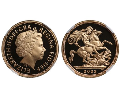 Elizabeth II (1952-), gold Proof Sovereign, 2003, crowned head right, IRB initials below for designer Ian Rank-Broadley, Lati