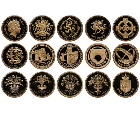 Elizabeth II (1952 -), gold proof One Pound Coin Set of 14 Reverse Designs, 2008, issued for the 25th Anniversary of the Poun