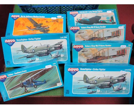 Seven 1:72nd Scale Plastic Model Predominately Military Aircraft Kits, by Novo Air Kits, including Vickers Vimy MKIV Heavy Bu