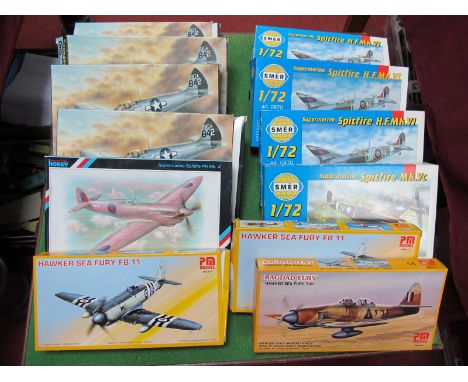 Twelve 1:72nd Scale Plastic Model Military Aircraft Kits, by MPM, SMER PM model, all Spitfire and Hawker SGA Fury, kits appea