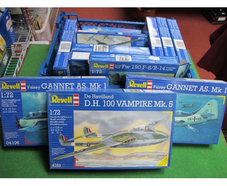 Twelve 1:72nd Scale Plastic Model Military Aircraft Kits, by Revell, including D.H. 100 Vampire MK5, Focke Wulf FW 190 F-8/R-