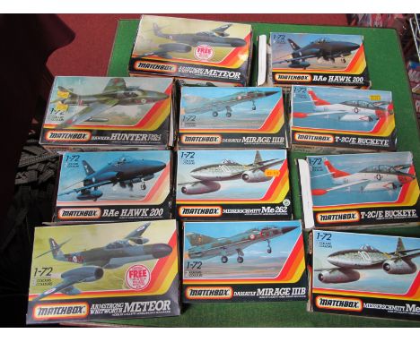 Eleven 1:72nd Scale Plastic Model Military Aircraft Kits, by Matchbox, All Jets, including Hunter T MK7, BAE Hawk 200, some l