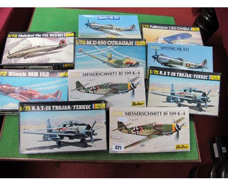 Ten 1:72nd Scale Plastic Model Military Aircraft Kits, by Heller including Messerschmitt BF109, Spitfire MK XVI, some duplica