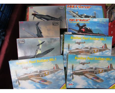 Eight 1:72nd Scale Plastic Model Military Aircraft Kits, by Hobby Boss, Sword, MPM, including F6F-S Hellcat, Boulton Paul Def