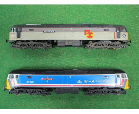 Two Lima "OO" Class 47 Diesel Locomotives, 'County of Norfolk' in Network South East and 'Willeden Yard' in Railfreight, play