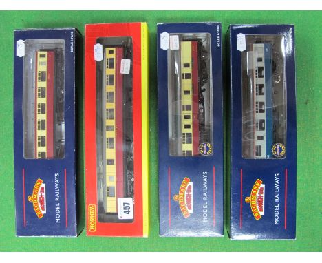 Three Bachmann "OO" Eight Wheel Coaches, a MK1 Restaurant in blue and grey and two blood and custard, plus a Hornby BR blood 