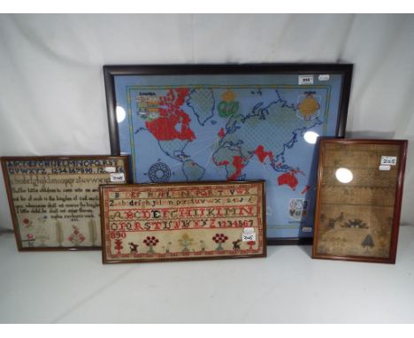 Three antique framed samplers and one further sampler dated 1855, 1801 and similar and an antique framed Fairbourne commemora