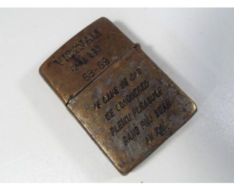 Vietnam / American war interest - a Zippo lighter inscribed Vietnam Chu Lai 68-69, we came we saw we conquered, Pleiku pleasu