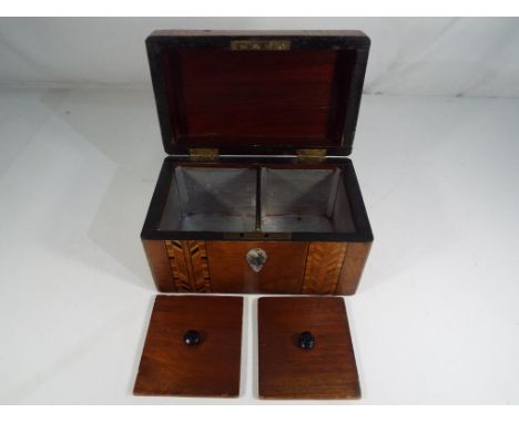 A late 19th century burr walnut tea caddy with two lead lined compartments, approximate size 17.5 cm x 10 cm x 10 cm. Estimat