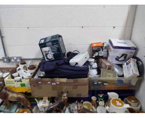 Three boxes containing a large quantity of general household to include an Ashley Houseware traditional kitchen scales, stain