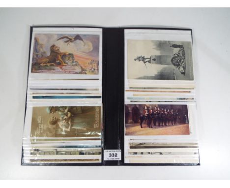 A postcard album containing a collection of cards from WWI and later