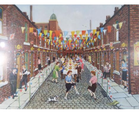 Tom Dodson - a limited edition print by Tom Dodson depicting a street party scene issue No. 437 of 850, signed in pencil to t