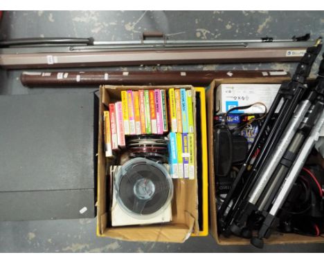 Lot to include a JVC camcorder, a Praktica LTL3 camera, mobile phones, camera tripods, projector screens, film reels, a vinta