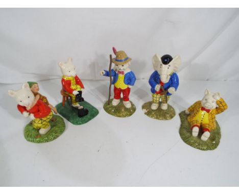 Royal Doulton - five Royal Doulton Rupert the Bear ceramic figurines entitled Out for the Day, Podgy Lands with a Bump, Ruper