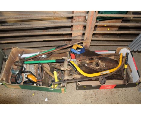 Two boxes of assorted hand tools including plane, vice and hand saws 