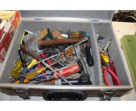 A box and contents of various hand tools 