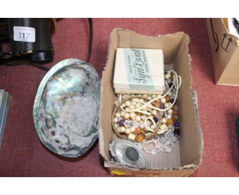 A box containing compact; costume jewellery and a pewter mounted magnet