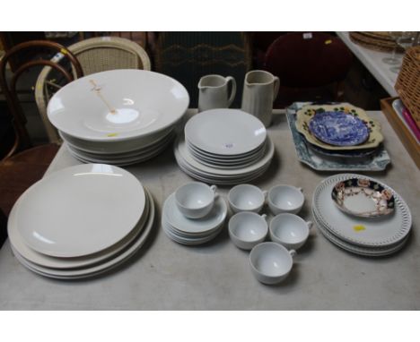 A collection of white glazed dinner and teaware; various patterned china including Copeland Spode 'Italian' patterned saucer 