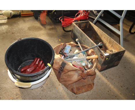 A plastic pail; a box and a bag containing various hand tools and fittings 