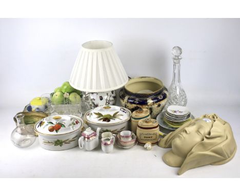 An assortment of 20th Century ceramics and glassware. Including a china vase base table lamp, two Royal Worcester porcelain t