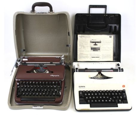 Two vintage Olympia portable manual typewriters. Comprising a 'De Luxe' and a Monica electric, L32cm x D34cm x H11cm
