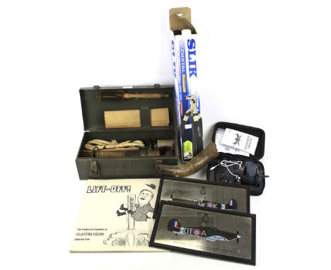 An assortment of collectables. Including a Wolf safety lamp in a fitted box, aviation prints, a collapsible Quadrocopter dron