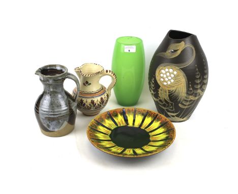 A collection of assorted Mid Century ceramics. Including Poole Pottery dish, an art studio pottery jug, a European pottery ju