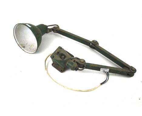 A vintage British E.D.L. machinists work light. Dark green and white enamel shade on a three section adjustable arm with wall