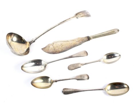  A Silver plated ladle and four serving spoons including a rat tail.