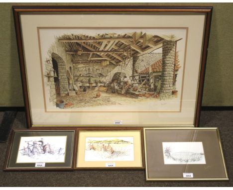 Four Michael Cooper prints including a signed limited edition titled "Charlies Workshop" barn at Burtle edge of Somerset leve