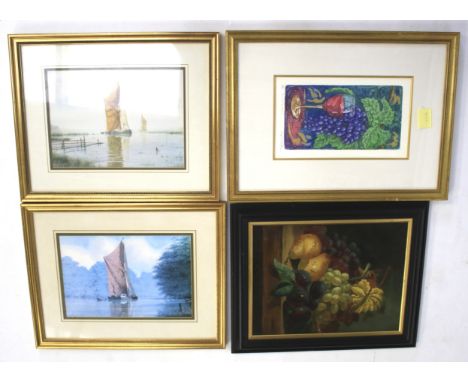 A 20th century oil on canvas and three prints. The oil on canvas depicting a still life, unsigned, 33.5cm x 44.5cm, framed, t
