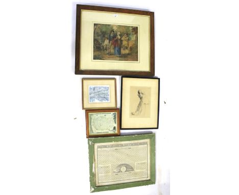 An assortment of prints and paintings. Including a 'Kendel &amp; Dent's Time Chart of the World', 40.5cm x 52cm, a sketch of 