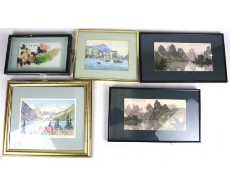 An assortment of pictures and artwork. Including a watercolour of a mountain signed 'K. C. Chan', 17.5cm x 12.5cm, a signed p