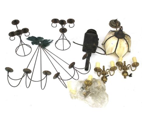 A vintage ceiling light, carriage light, and candlesticks. The leaded glass ceiling light with a brass attachment, approx H80