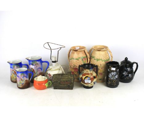 An assortment of mixed ceramics including a Poole pottery table lamp H11.5cm and Gouda twin handled vase H16cm etc.