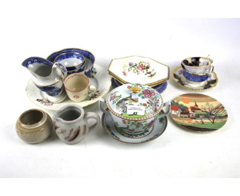 A group of English pottery and porcelain, circa 1800 and later. Including: New Hall printed blue and white teawares, a Spode 