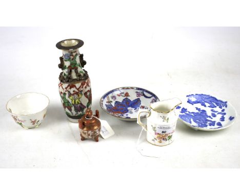 An assortment of ceramics. Comprising a satsuma tripod vase, H8.5cm, two dishes including one by Spode and a Royal Crown Derb