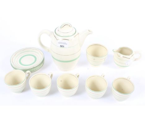 Clarice Cliff Newport pottery 5 setting coffee service. Comprising a coffee pot, milk jug, sugar bowl, and five cups and sauc