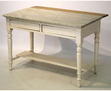 A Victorian marble top white painted pine kitchen table. With two drawers beneath and low shelf stretcher, raised on turned a