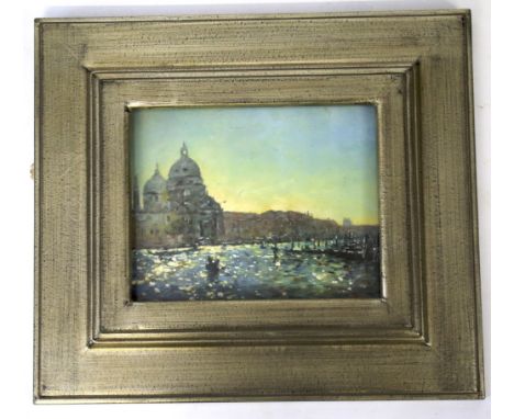 A 20th century oil on board. Depicting the sunrise over Venice, with architectural building alongside the canals, unsigned, 2