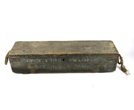 A vintage wooden Militaria ammo box. The substantial hinged box with lock and rope handles at each end, L82cm x D22cm x H18cm