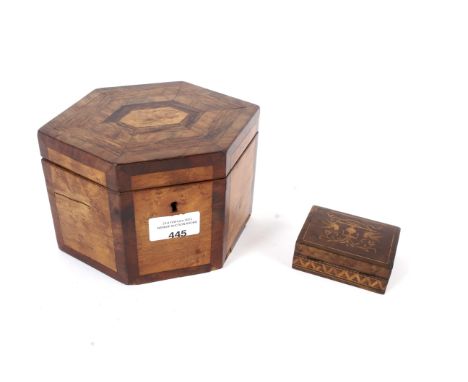 An Inlaid burr walnut stamp box and a parquetry inlaid walnut tea caddy H11.5cm.