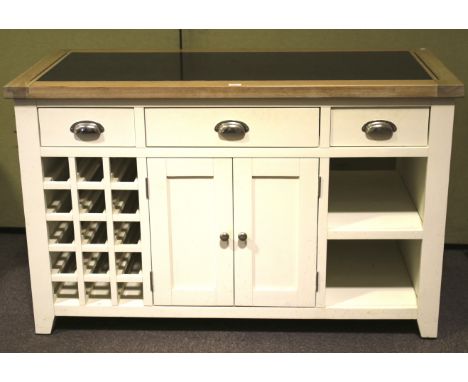 A painted kitchen free standing kitchen Island unit. With marble top, each side with three drawers, above a central cupboard 