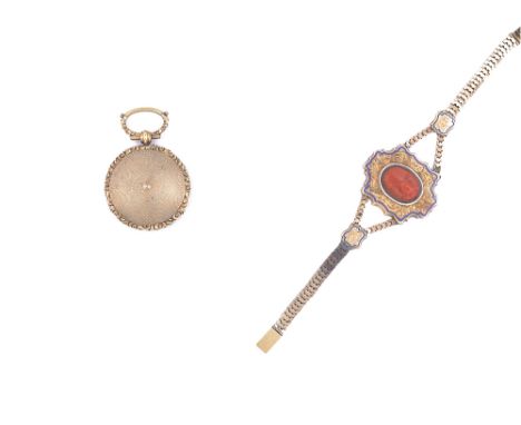 ~GOLD, CORAL AND ENAMEL BRACELET, 1860s,the chased cartouche with blue enamel border mounted with a carved coral cameo of a w