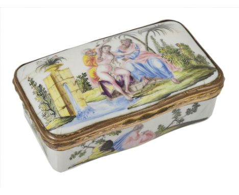 AN ENAMEL SNUFF BOX, GERMAN, MID 18TH CENTURYpainted with biblical subjects, the lid with Susannah and the Elders, the base w