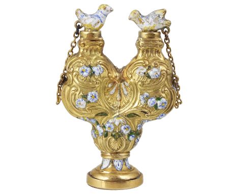 A GEORGE II GOLD AND ENAMEL DOUBLE SCENT FLASK, MID 18TH CENTURYbifurcated baluster form, chased with rocaille scrolls and sc