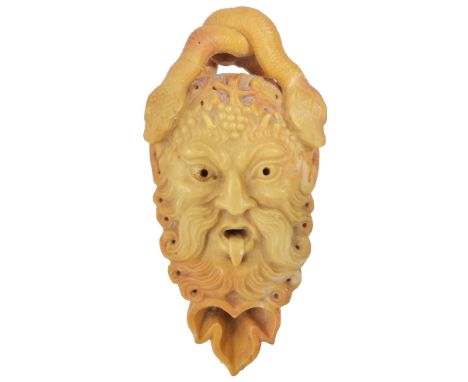 A SIENA MARBLE FIGURAL OIL LAMP, ITALIAN, 19TH CENTURYafter the Antique, the top carved as the head of Bacchus below two entw